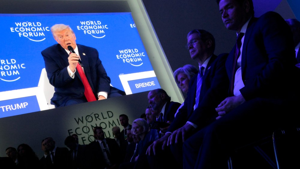 Donald Trump shown on a screen at the World Economic Forum in Davos