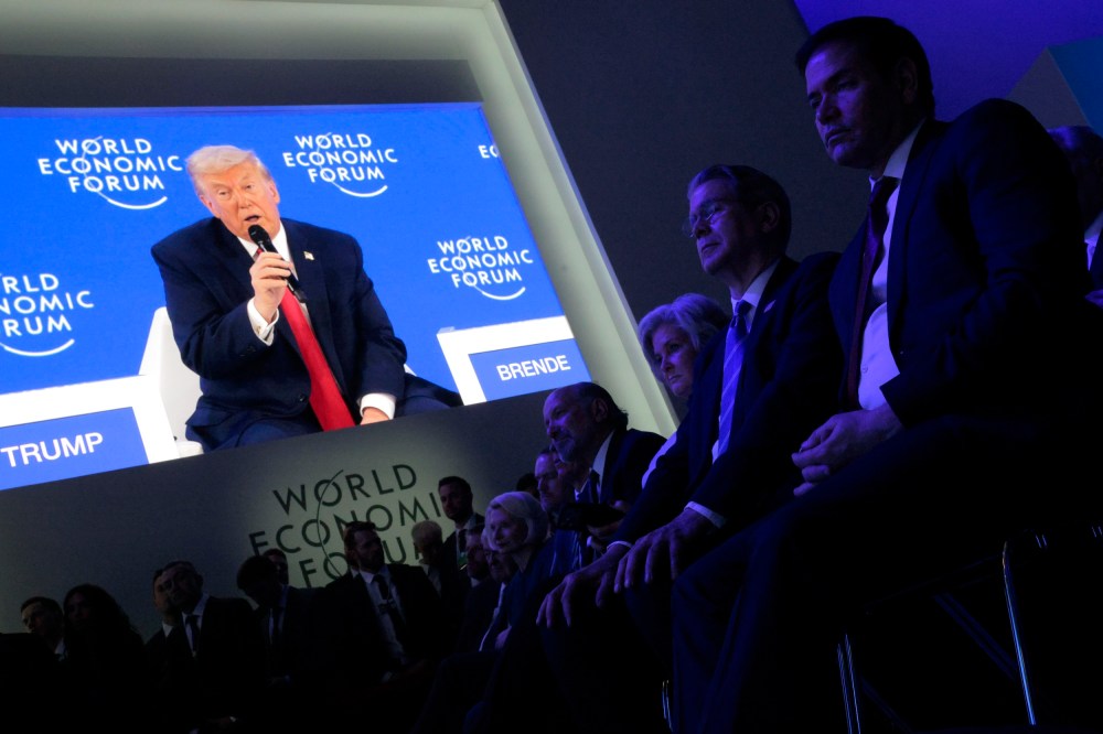 Donald Trump shown on a screen at the World Economic Forum in Davos