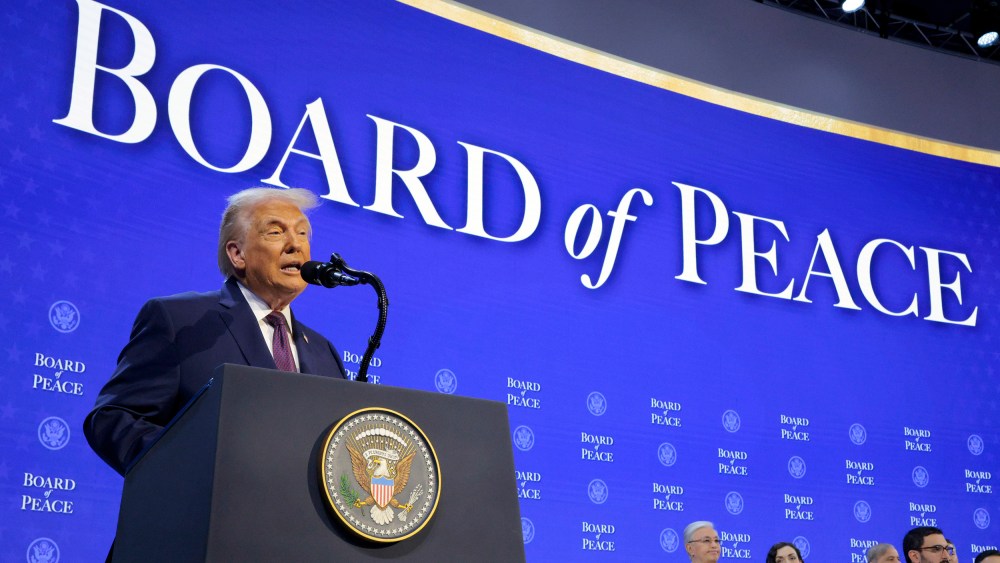 President Donald Trump presents the “Board of Peace” at the World Economic Forum (WEF) on Jan. 22, 2026 in Davos, Switzerland.