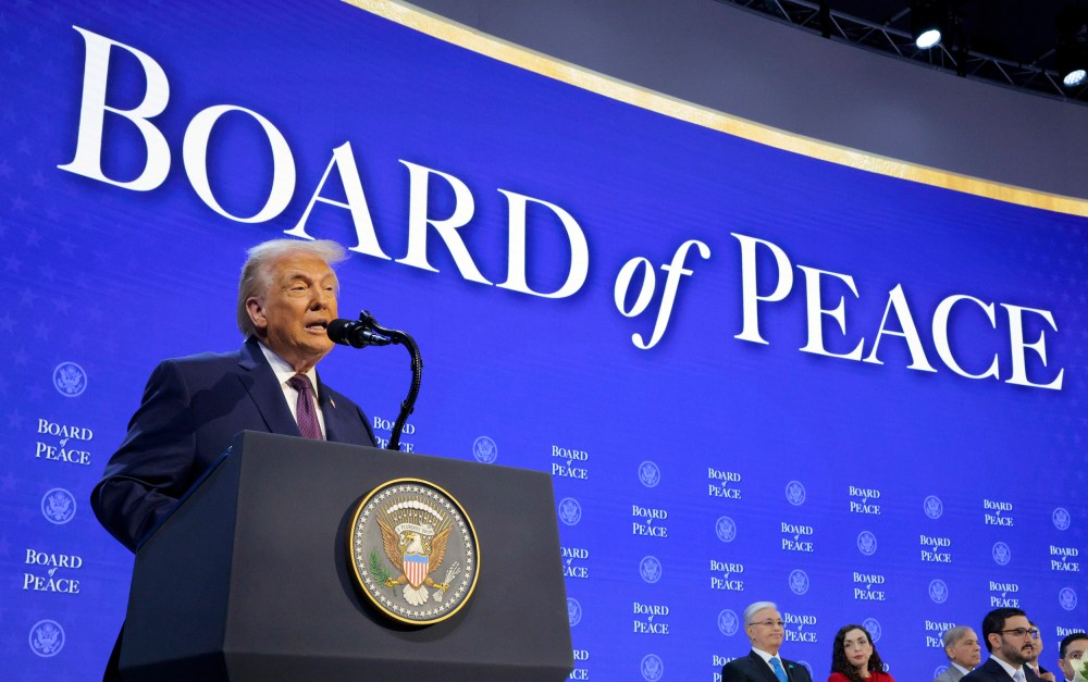 President Donald Trump presents the “Board of Peace” at the World Economic Forum (WEF) on Jan. 22, 2026 in Davos, Switzerland.