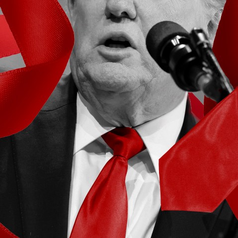 a photo illustration showing Trump with a long red tie weaving around him