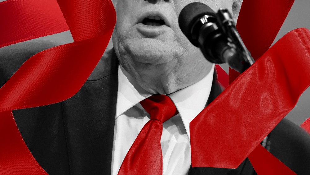 a photo illustration showing Trump with a long red tie weaving around him