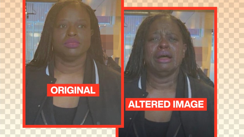 Two images showing a woman being arrested; in the original the woman shows no emotion, and in the AI-altered image she is crying.