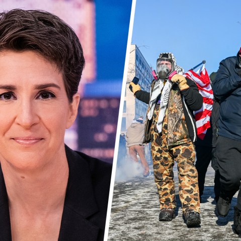 Rachel Maddow; demonstrators during a protest after a shooting on Jan. 24, 2026, in Minneapolis.