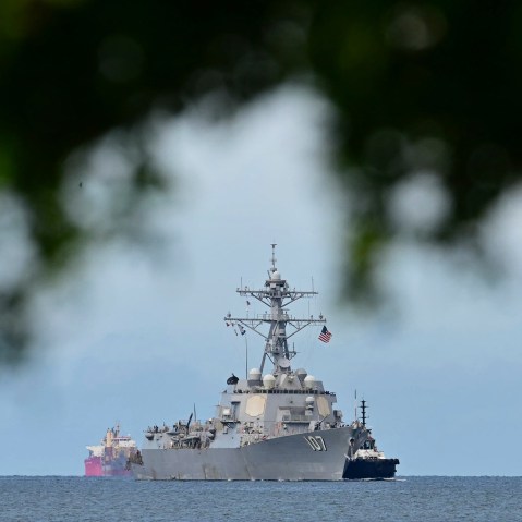 A warship on the water.