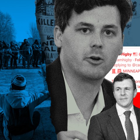 A collage showing protests in Minneapolis, Cam Higby and James O'Keefe
