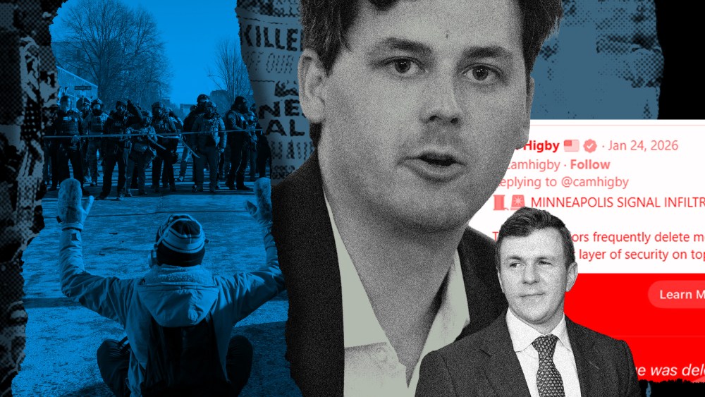 A collage showing protests in Minneapolis, Cam Higby and James O'Keefe
