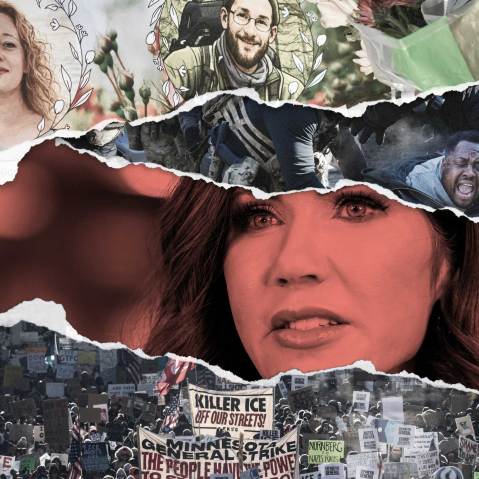 A photo collage of Krisi Noem overlayed with a memorial for Renee Good and Alex Pretti, and protests in Minneapolis