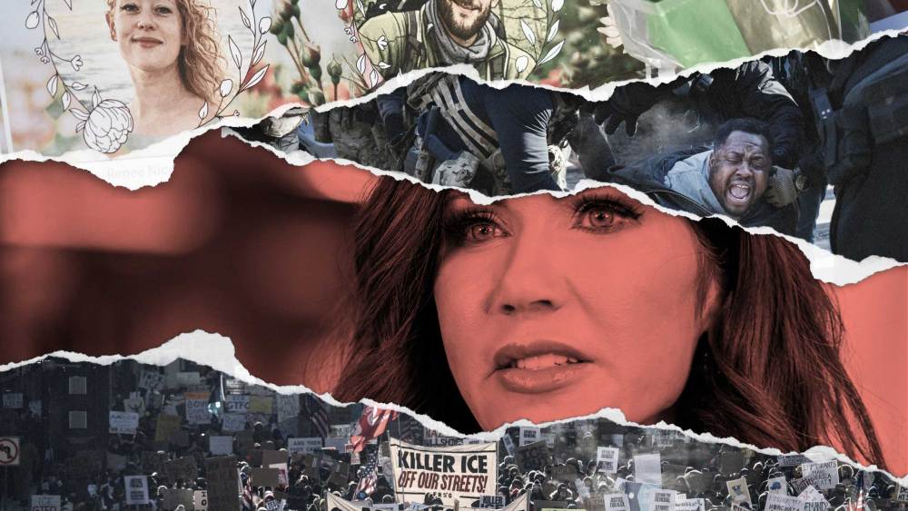 A photo collage of Krisi Noem overlayed with a memorial for Renee Good and Alex Pretti, and protests in Minneapolis