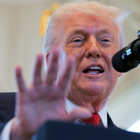 Donald Trump gestures with his hand in front of a microphone.