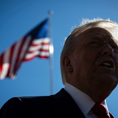 President Donald Trump speaks to members of the media on Oct. 5, 2025 on the South Lawn of the White House.