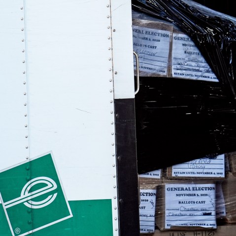 Boxes of General Election 2020 ballots wrapped up in an Enterprise truck.