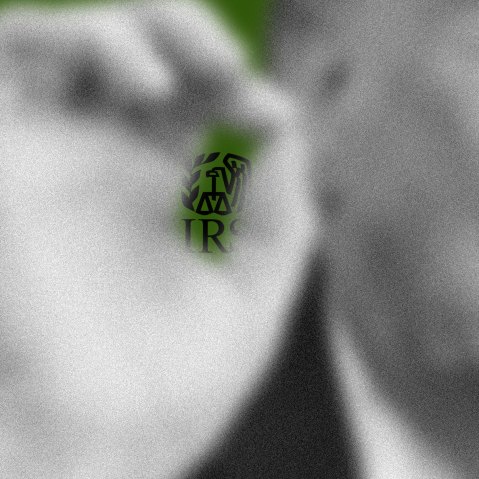 A photo illustration showing the IRS logo behind Trump's pinched fingers