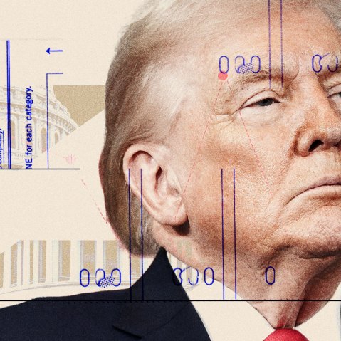 Trump overlaid on a graphic of the Capitol building and ballots.