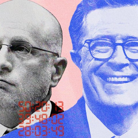 A photo illustration of Brendan Carr, left, and Stephen Colbert.
