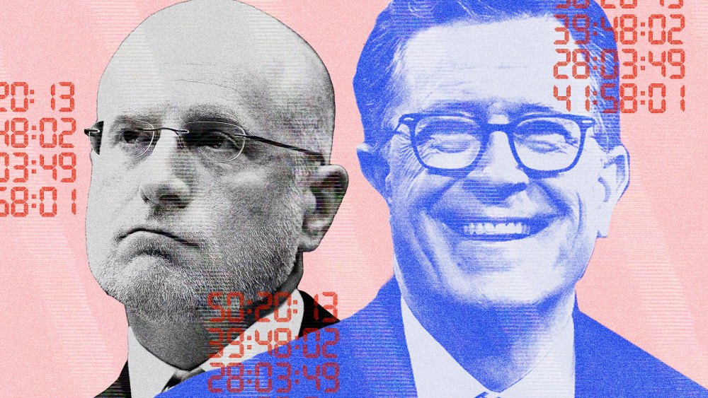 A photo illustration of Brendan Carr, left, and Stephen Colbert.