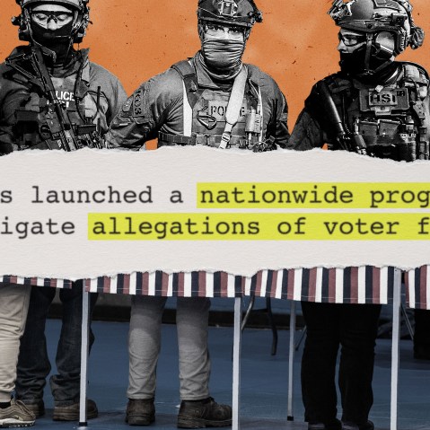 Three men in military outfits stand above a quote that reads "HSI has launched a nationwide program to investigate allegations of voter fraud." Underneath is a photo depicting the legs and feet of voters at a voting booth.