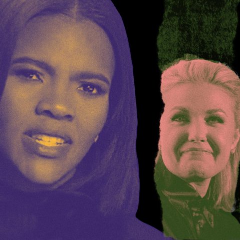 A photo collage of Candace Owens and Erika Kirk.