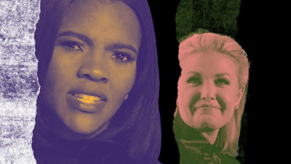 A photo collage of Candace Owens and Erika Kirk.