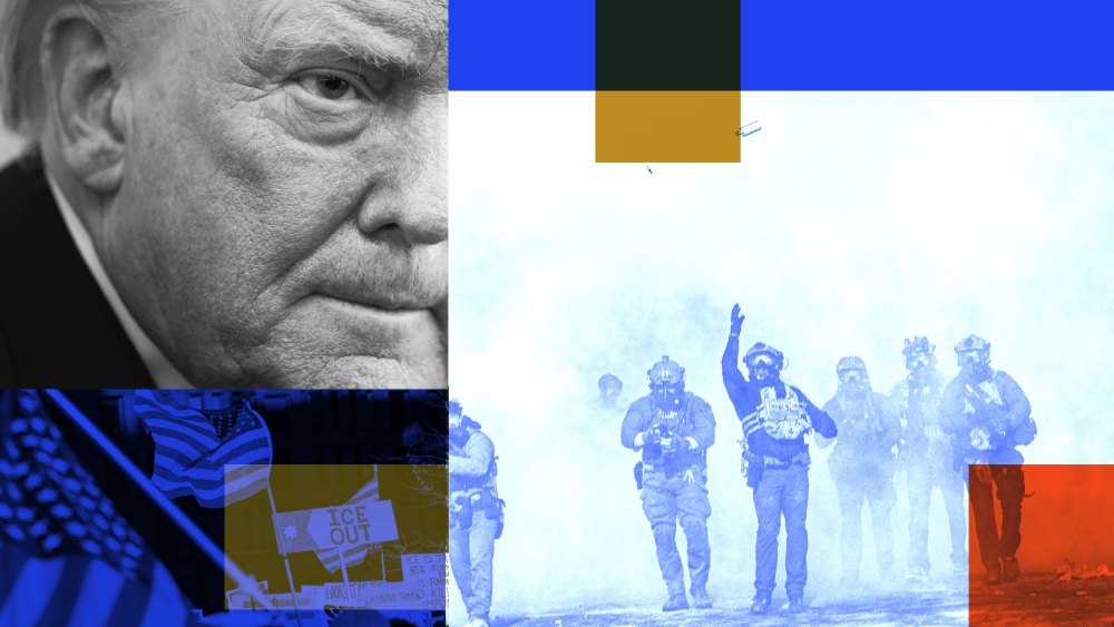 A photo collage of Donald Trump, ICE agents throwing tear gas, and signs protesting ICE