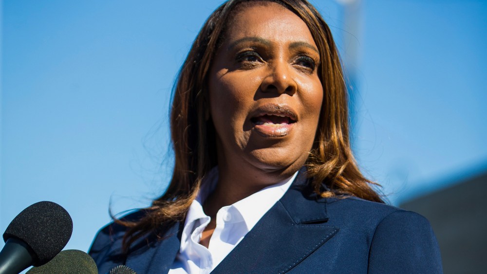 Letitia James speaks at a podium.