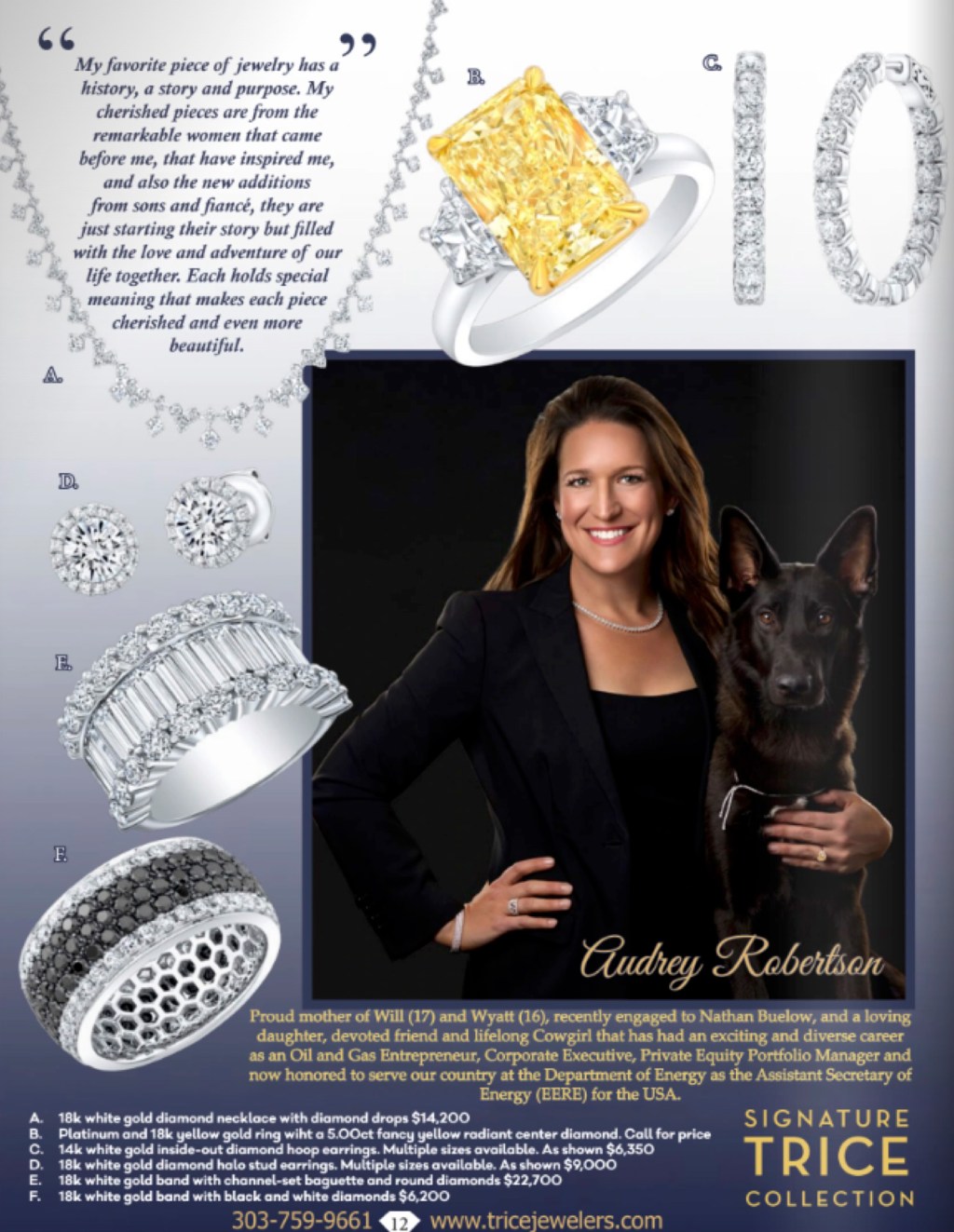 An advertisement showing multiple silver sings, necklaces and earrings, also features a photograph of Audrey Robertson with a dog.