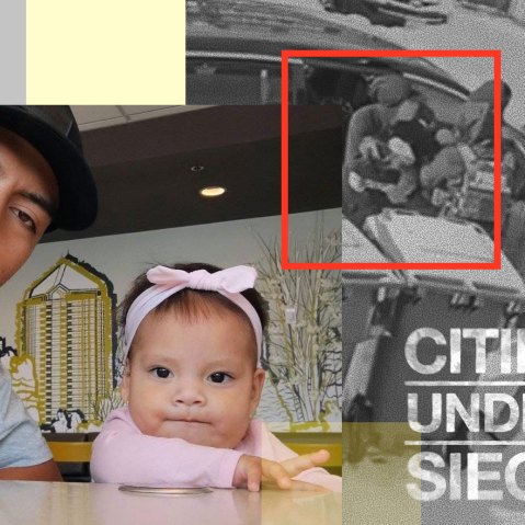 A collage showing a father and his 2-year-old daughter, and security camera footage of the girl being arrested by immigration officers