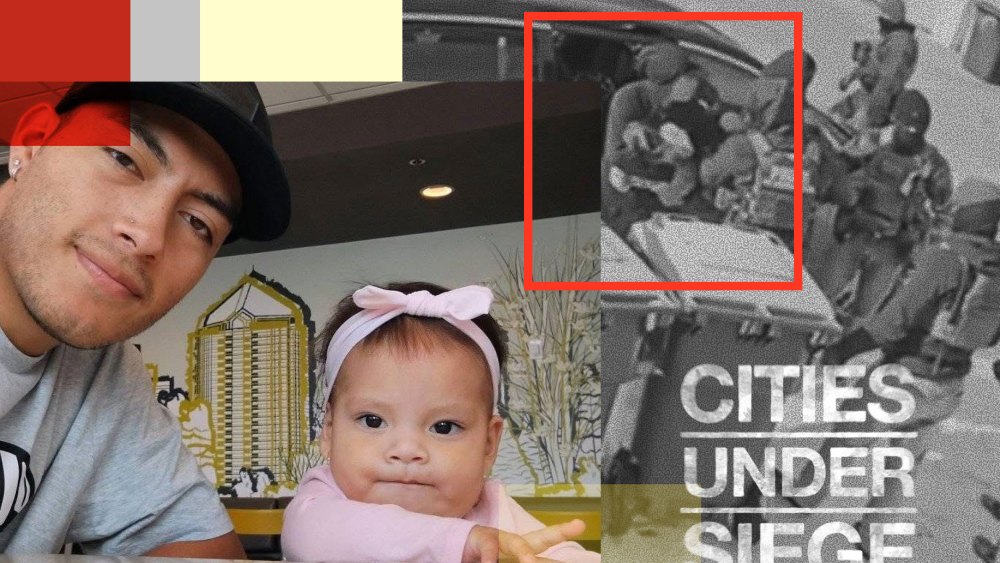A collage showing a father and his 2-year-old daughter, and security camera footage of the girl being arrested by immigration officers