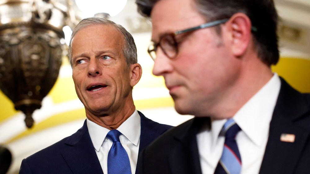 Senate Majority Leader John Thune and Speaker of the House Mike Johnson following the Republican Senate Policy Luncheon on Oct. 07, 2025 at the U.S. Capitol.