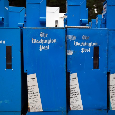 Unused Washington Post newspaper boxes sit near the Washington Post newspaper production facility in Springfield, VA.