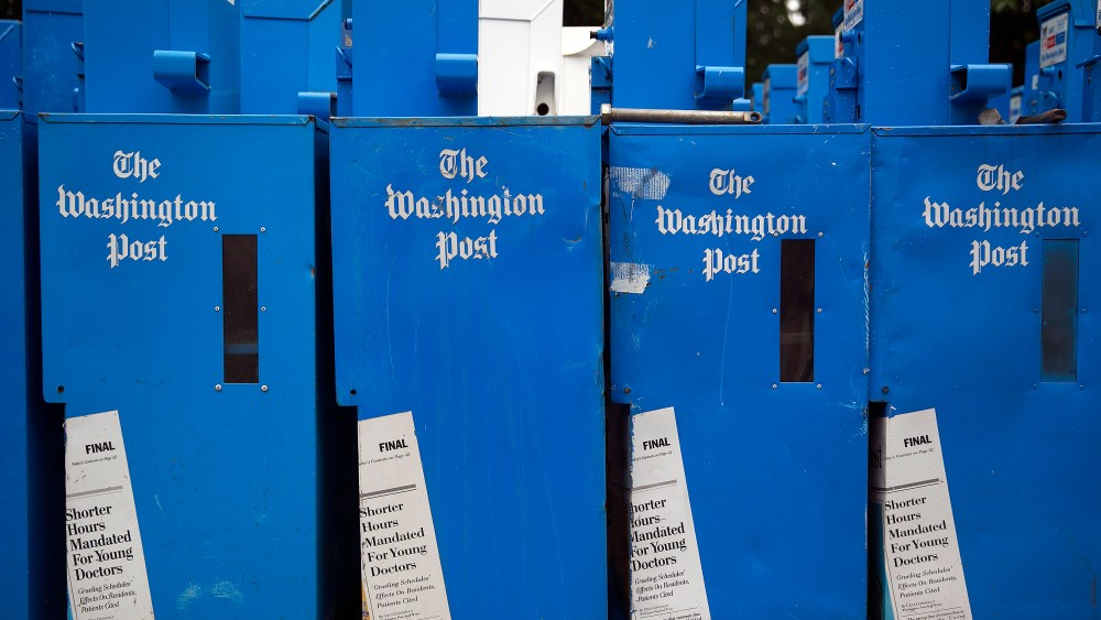 Unused Washington Post newspaper boxes sit near the Washington Post newspaper production facility in Springfield, VA.