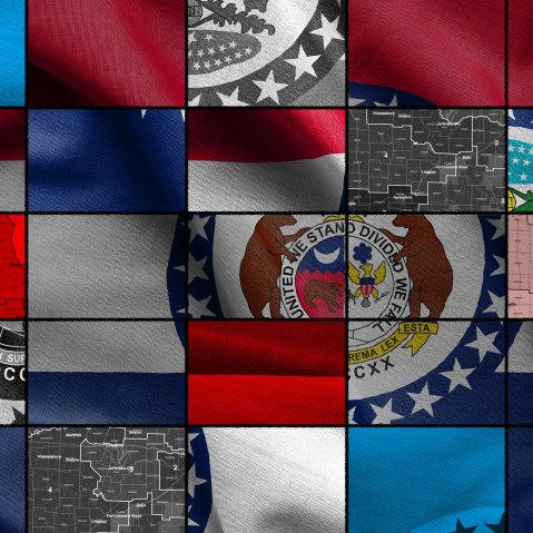 An illustration of the Missouri state flag that's been cut up and rearranged