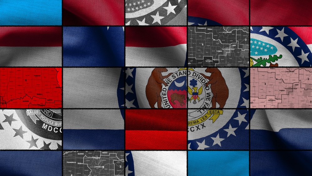 An illustration of the Missouri state flag that's been cut up and rearranged
