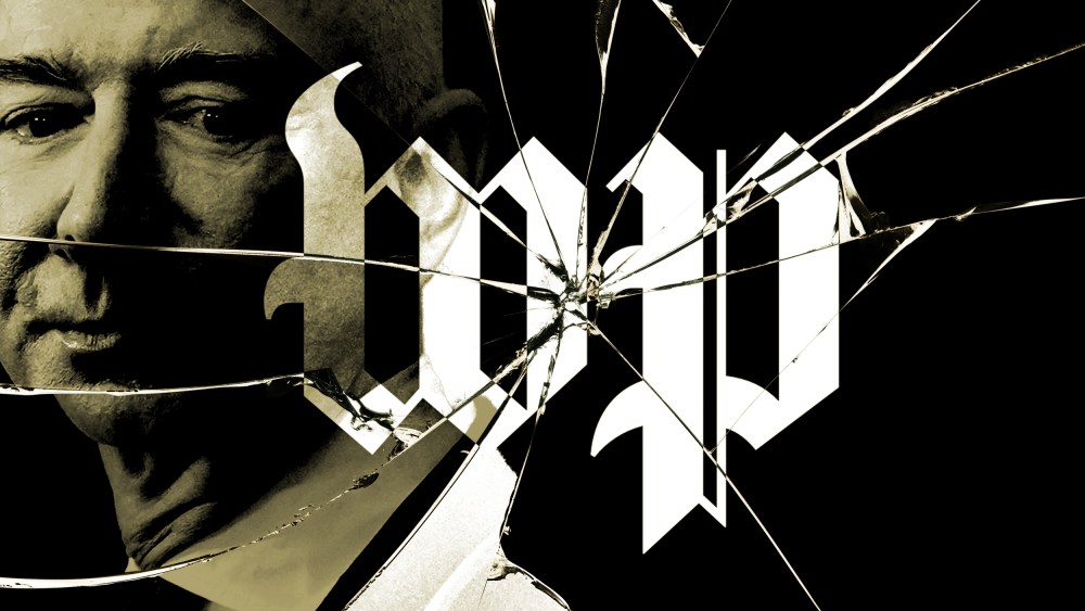a photo illustration of Jeff Bezos and the Washington Post logo reflected in cracked glass