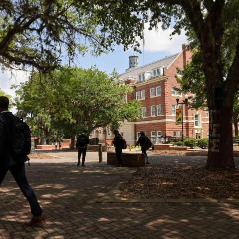 Students in shadow walk in front of Lee Hall at Florida A&M University.
