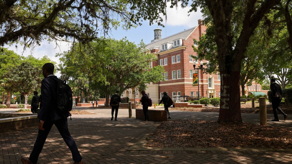 Students in shadow walk in front of Lee Hall at Florida A&M University.