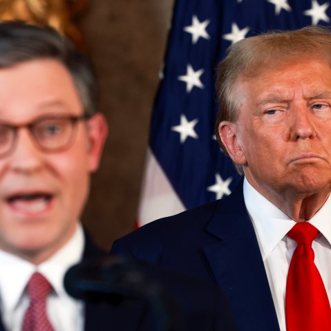 President Donald Trump and Speaker of the House Mike Johnson during a press conference on April 12, 2024, in Palm Beach, FL.