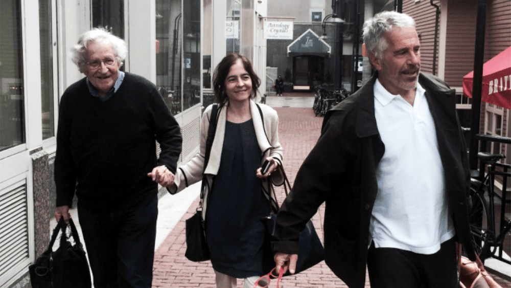 Noam Chomsky (left) with wife Valeria Wasserman and Jeffrey Epstein (right) in an undated photo.