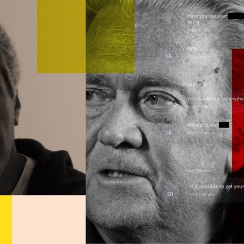 A photo collage showing Jeffrey Epstein and Steve Bannon with correspondence overlayed