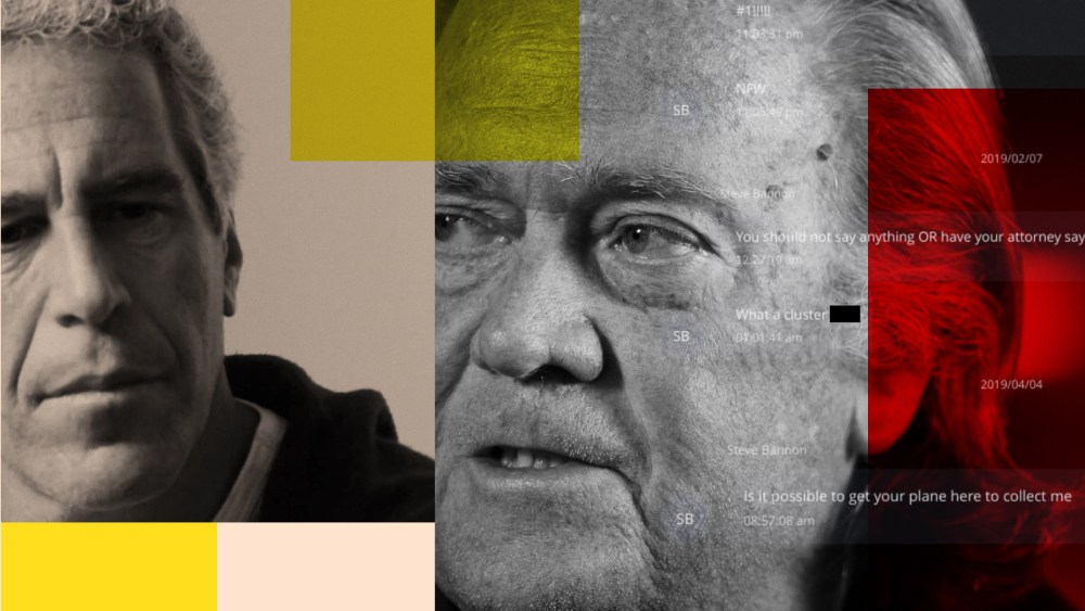 A photo collage showing Jeffrey Epstein and Steve Bannon with correspondence overlayed