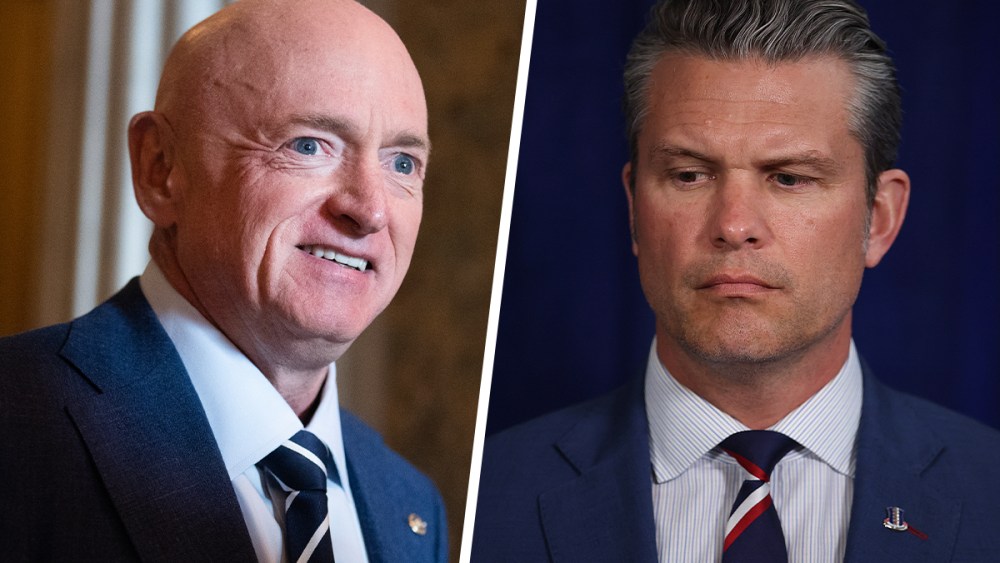 Mark Kelly smiling; Pete Hegseth looking down.