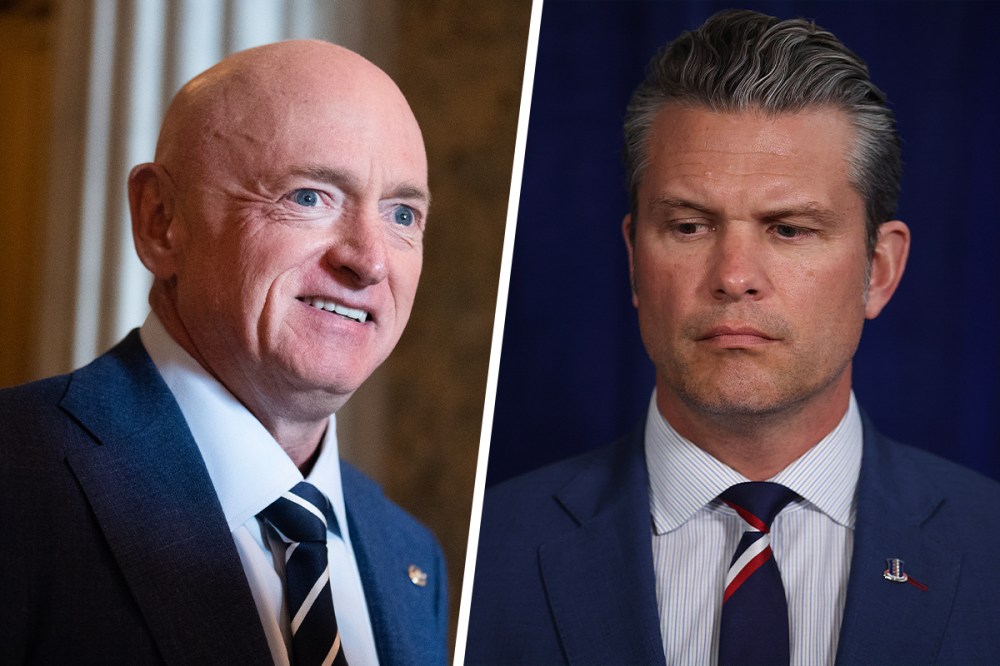 Mark Kelly smiling; Pete Hegseth looking down.