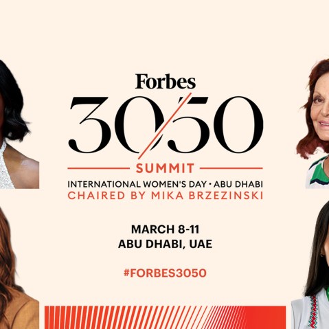 A graphic headlined "Forbes 30/50 Summit." On it, photos from (top left, clockwise) Simone Biles, Diane von Furstenburg, Sophia Bush and Diana Flores.