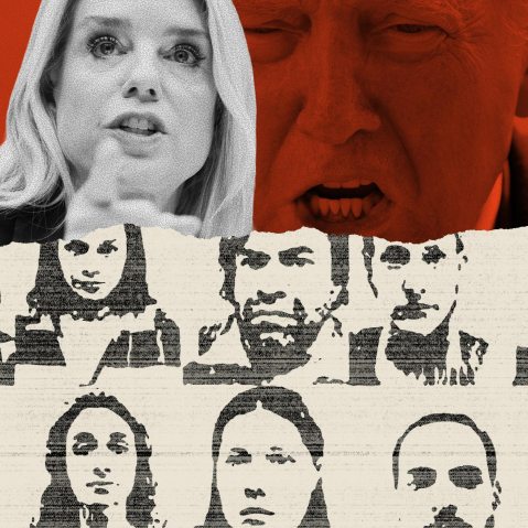 A collage showing Pam Bondi, Donald Trump, and the mugshots of suspects accused of being Antifa members