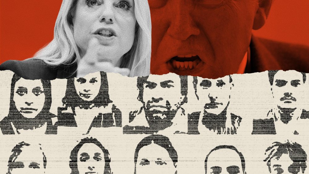 A collage showing Pam Bondi, Donald Trump, and the mugshots of suspects accused of being Antifa members