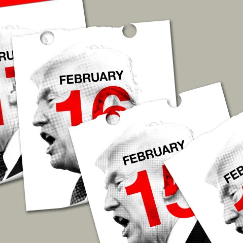An illustration of a daily calendar pages torn off revealing the same image of Trump