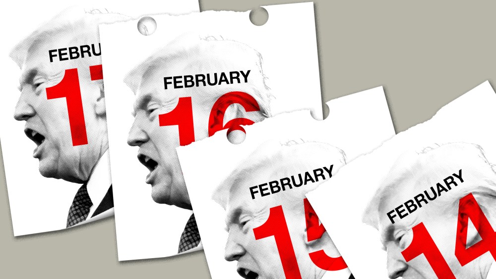An illustration of a daily calendar pages torn off revealing the same image of Trump