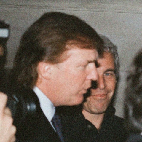 Donald Trump, left, seen in profile, with Jeffrey Epstein partially obscured behind him.