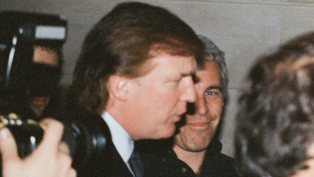 Donald Trump, left, seen in profile, with Jeffrey Epstein partially obscured behind him.
