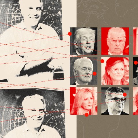 Photo of Jeffrey Epstein connected to photos of President Donald Trump, Andrew Mountbatten-Windsor, Thorbjorn Jagland, Bill Clinton, Sarah Ferguson, Howard Lutnick, Kathy Ruemmler, Miroslav Lajcak and Larry Summers.
